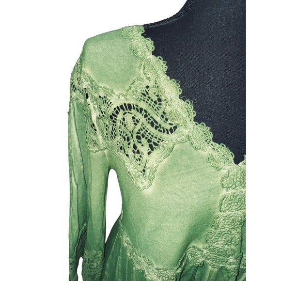 Soft Surroundings Petite S Boho Cottage Core Green Tunic Top Lace Trim V-Neck - Picture 8 of 9